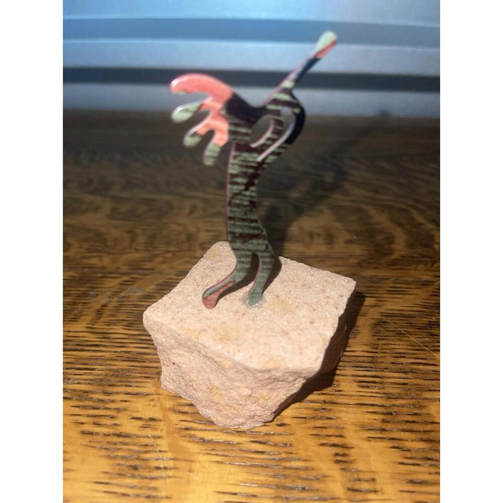 Mini Kokopelli Lazart Enameled Metal Colorful Figurine, Mounted Sandstone Rock